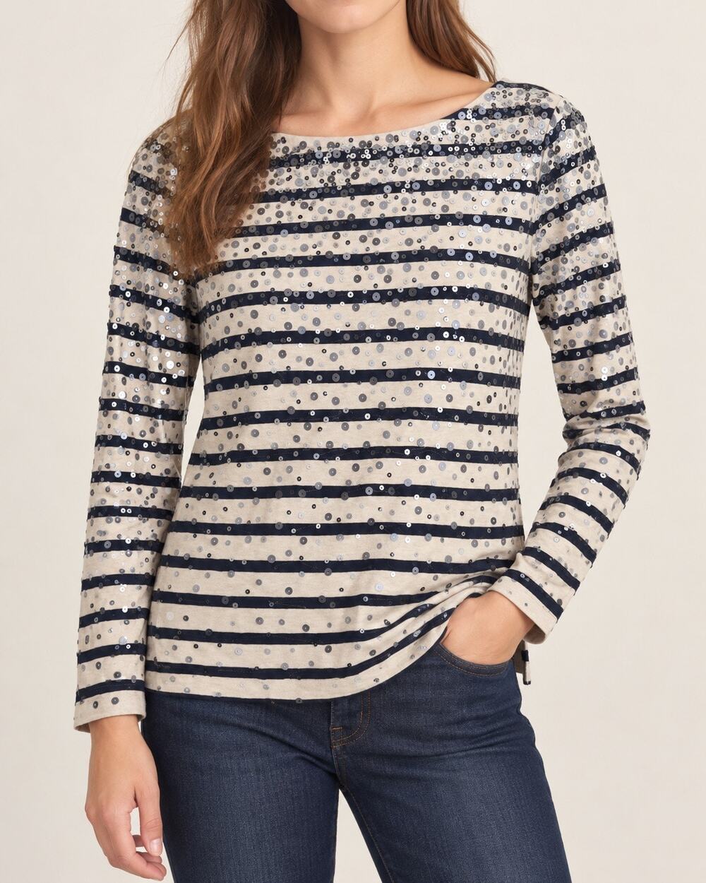 J.Crew Sequin Party Top XXS Navy Cream Stripe Boatneck Holiday Long Sleeve